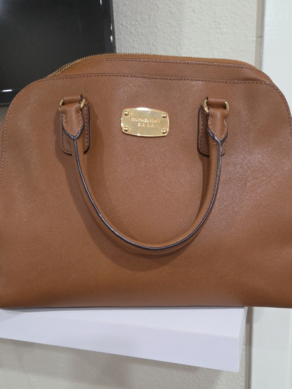 Michael Kors Tan Saffiano Leather Dome Satchel with Gold Plate